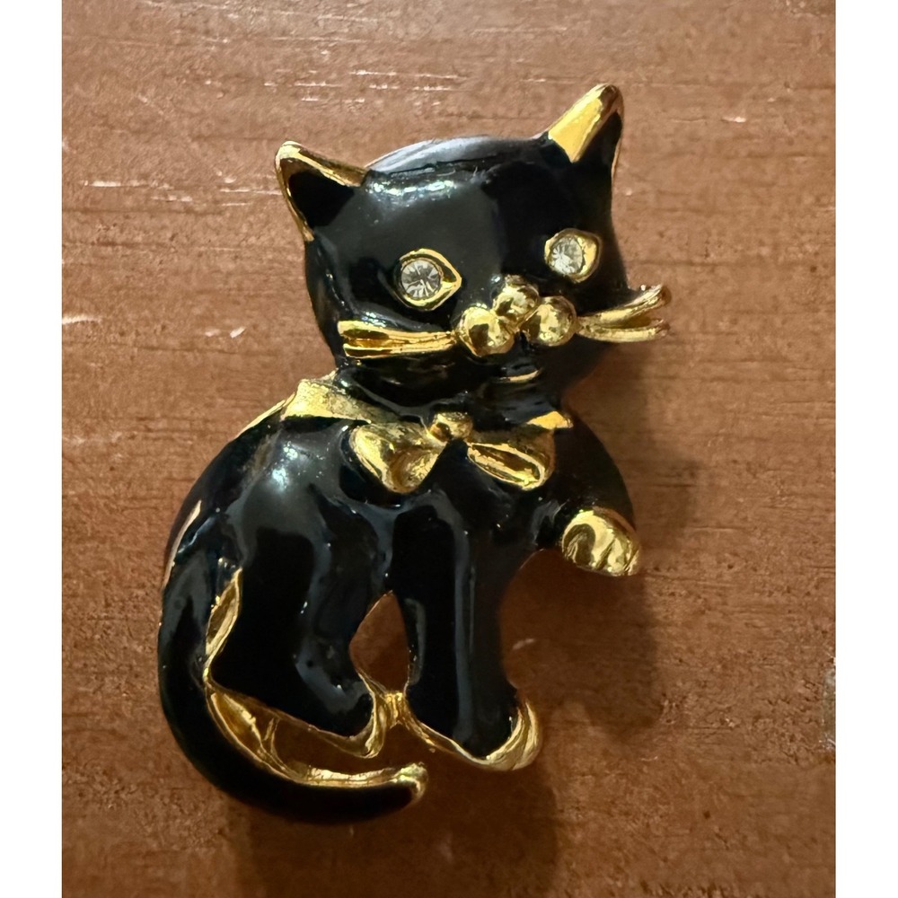 Vintage Black Enamel Cat Brooch Gold Tone Rhinestone Eyes Coquette Retro Kitten